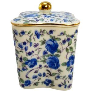 Blue Roses Porcelain Tea Box, Vintage Keepsake, Gold Trim Top Lid Trinket Jar